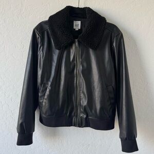 GAP Black Faux Fur Collar and Leather Bomber Jacket